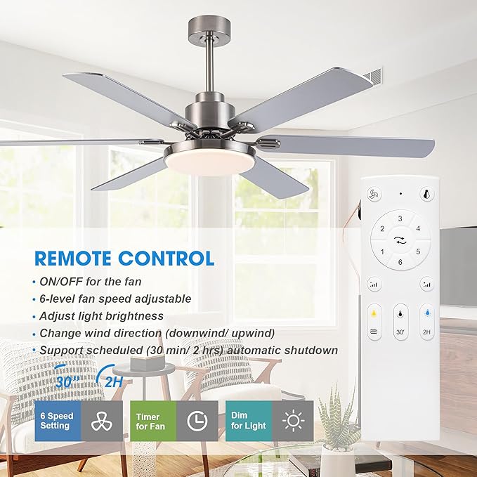 Parrot Uncle Ceiling Fans with Lights and Remote, 60 Inch Modern Fan Ceiling with Light for Bedroom Large Outdoor Ceiling Fans for Patios, Dimmable LED Chandelier, 6 Reversible Blades, Brushed Nickel