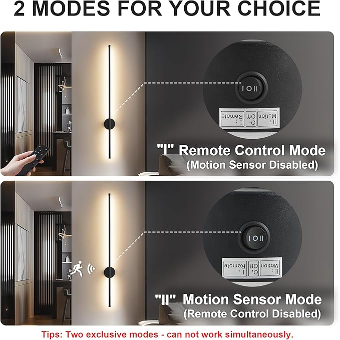 Motion Sensor Battery Operated Wall Sconce Set of Two - Modern Rechargeable Wireless Wall Lights with Remote Control, Dimmable, 3000K/4000K/6000K, Timer for Living Room, Hallway, Black, 39.3 Inch