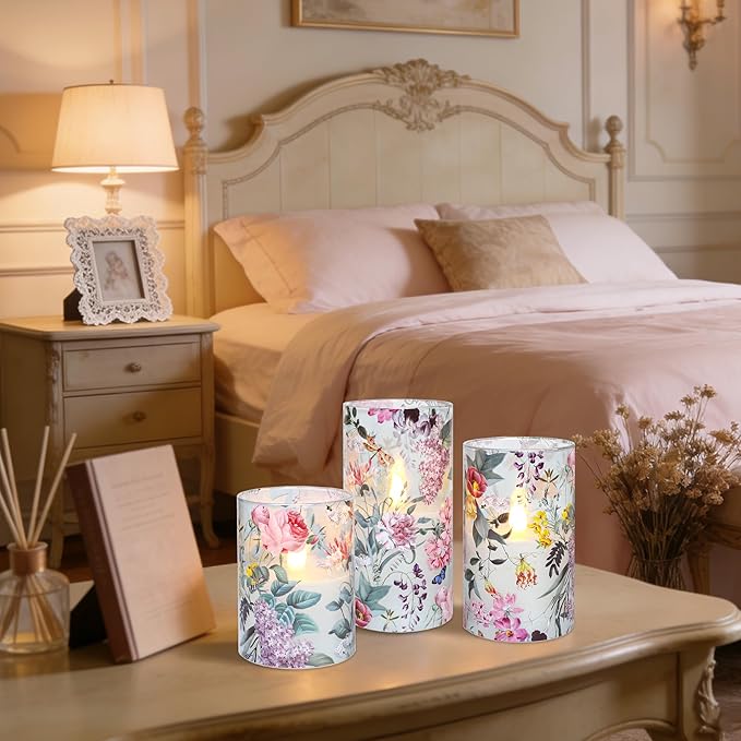 Crystal Club Floral Glass Flameless Candles Battery Operated with Remote, Realistic LED Flickering Pillar Candle for Wedding, Home Decor