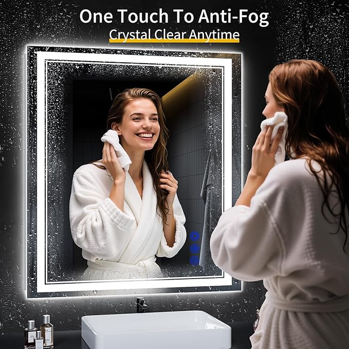 40"x36" LED Bathroom Mirror with Anti-Fog, Stepless Dimmable Lights, 3 Color Modes, Shatter-Proof Tempered Glass,Waterproof Design