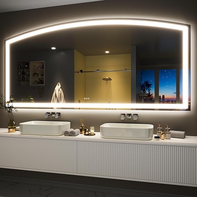 Hasipu 84" x 40" Arch LED Bathroom Mirror, Frontlit Wall-Mounted Vanity Mirror with Lights, Defogging, Smart Touch, Dimmable 3 Color Modes, Safety Shatterproof Glass Coating