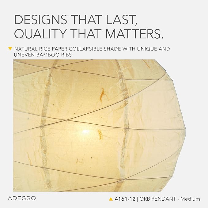 Adesso Orb Medium Pendant with Collapsible Rice Paper Shade – 15ft Cord, 19” Diameter – Stylish Ceiling Lighting