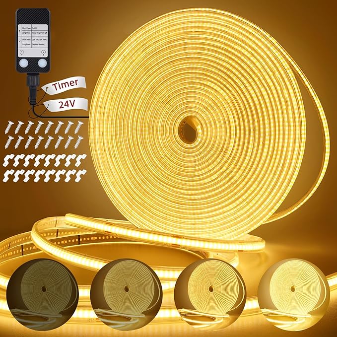 OMIKA 33FT 3200 LED COB LED Strip Lights Plug in Outdoor Waterproof, 2700K 24V Rope Lights Flexible with Self-Adhesive Timer Dimmable for House Garden Camping DIY