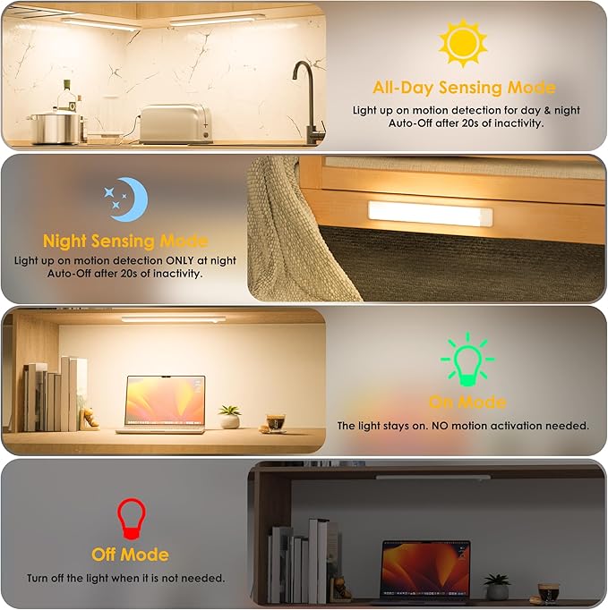 Motion Sensor Under Cabinet Lights, Magnetic Rechargeable Under Counter Closet Light, Wireless Night Light Bar Stick-On, 5-Pack, 3000K Warm White