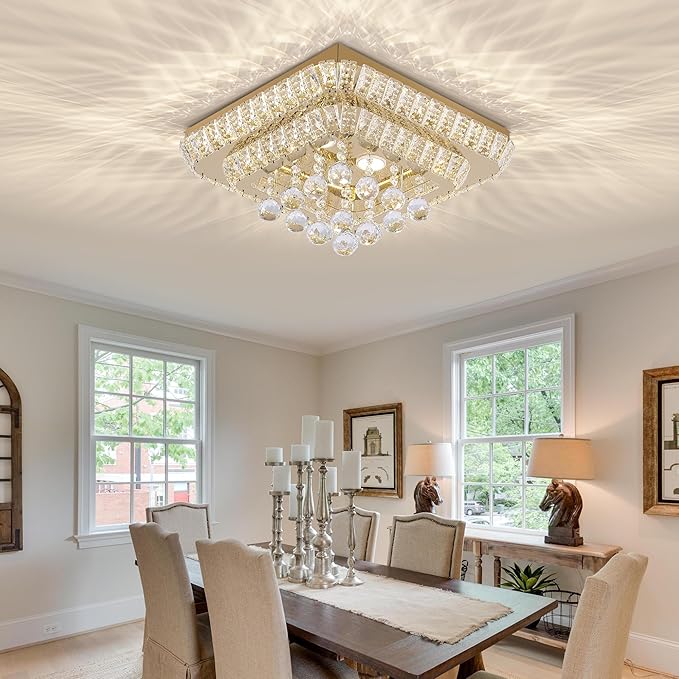 REDSTAR 18" Gold Crystal Ceiling-Light Flush Mount with Remote and APP, 3 Colors Temp & Brightness Adjustable, Modern Crystal Raindrop Chandeliers for Bedroom Hallway Dinning and Living Rooms-Square