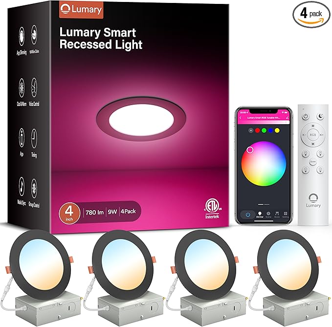 Lumary Black Smart Recessed Lighting 4 Inch, 9W 780LM Color Changing LED Downlight with J-Box, Dimmable Canless Wafer Light, Compatible with Alexa/Google Assistant/BT Remote, ETL Listed, 4 Pack