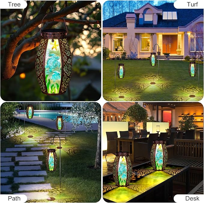 Outdoor Solar Lantern-Waterproof Turtles Hanging Metal Decorative Lights for Patio Table Garden Pathway Yard with Super Bright Warm White LED,Large Solar Panels