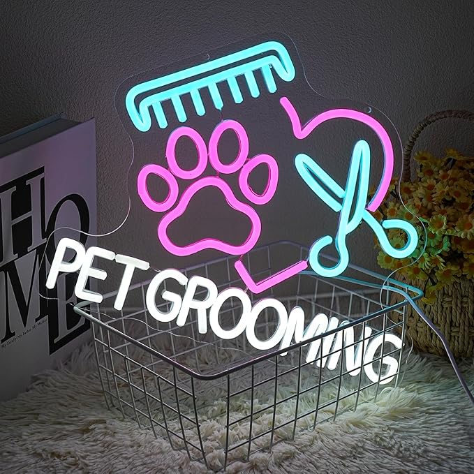 Pet Grooming Neon Sign for Wall Decor, Dimmable Paw Grooming Salon Neon Light, USB Powered Dog Grooming Led Light Up Open Sign for Pet Shop,Pet Hospital,Pet Salon Store Wall Art