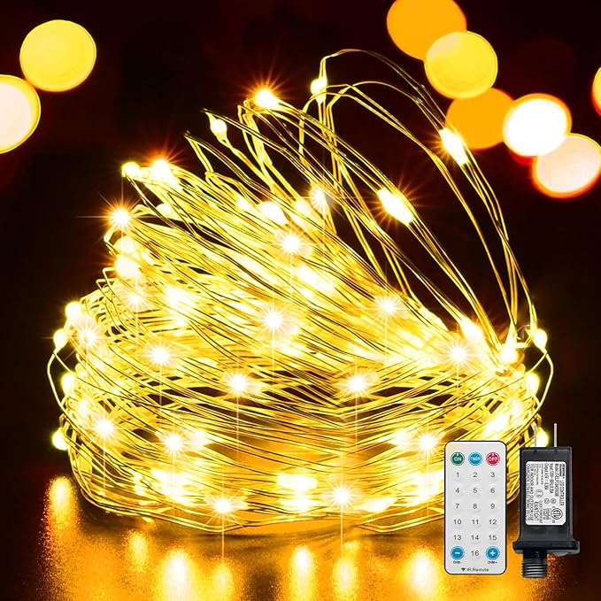 LAMPHOME Fairy Lights Plug in, 33Ft 100 LEDs Waterproof Twinkle Firefly Lights, Adaptor Included, Starry String Lights for Wedding Indoor Outdoor Christmas Patio Garden Decoration, Yellow