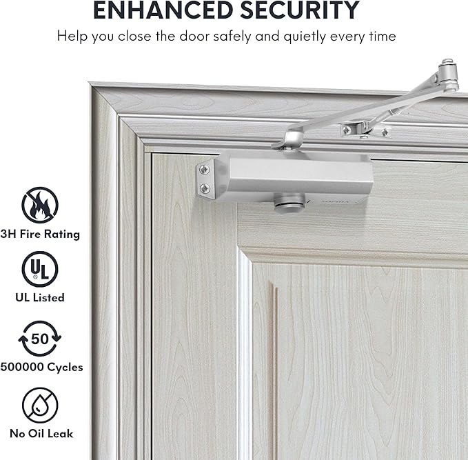 SOPHIA Automatic Door Closer for Home, Fireproof Auto Door Closer DK500 for Light Commercial & Residential Use, Hydraulic Door Closer, ADA Compliant & UL Listed, Grade 3, Silver