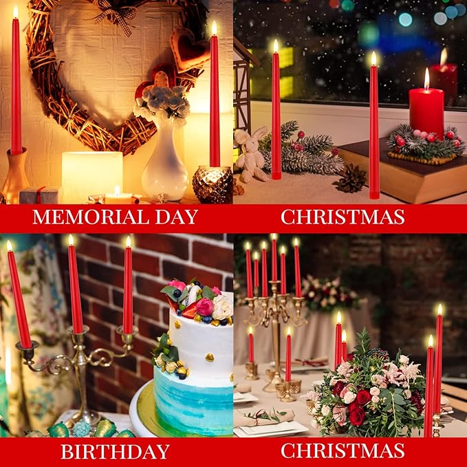 Macarrie 24 Packs Flameless Taper Candles Battery Operated Fake 11 Inch Long Candlelight LED Flameless Candlesticks Flickering Tapered for Spring Summer Wedding(Red)