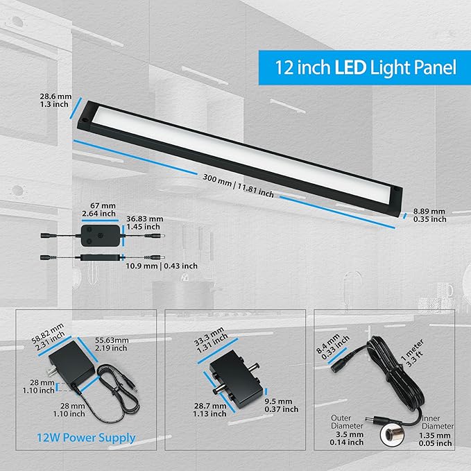 EShine 3 Pack 12 inch Black Smart Dimmable LED Under Cabinet Lighting Kit Compatible with Alexa, Google - Cool White (6000K)