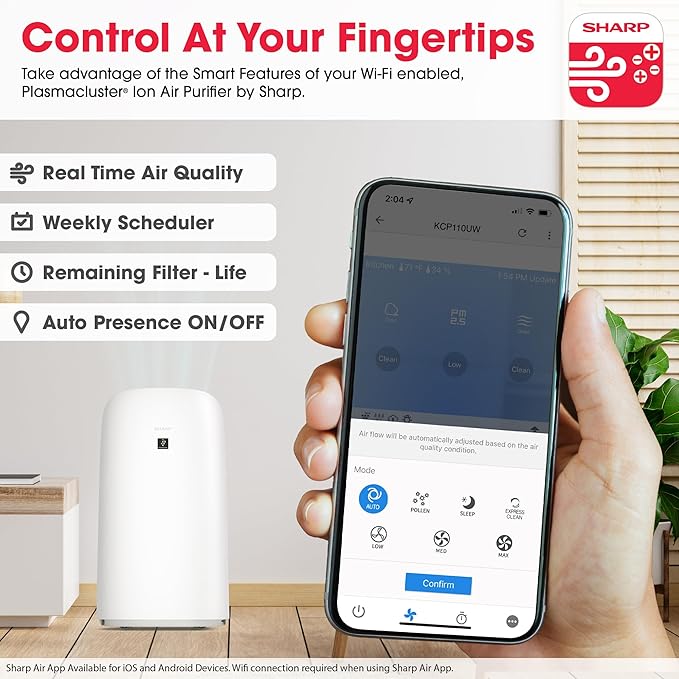 SHARP Smart Air Purifier with Humidifier Combo – Covers up to 2,603 sqft in one hour, Compatible w/Alexa & Google Asst. True HEPA Filter, for XL Rooms, Living Room, Dining Room - KCP110UW