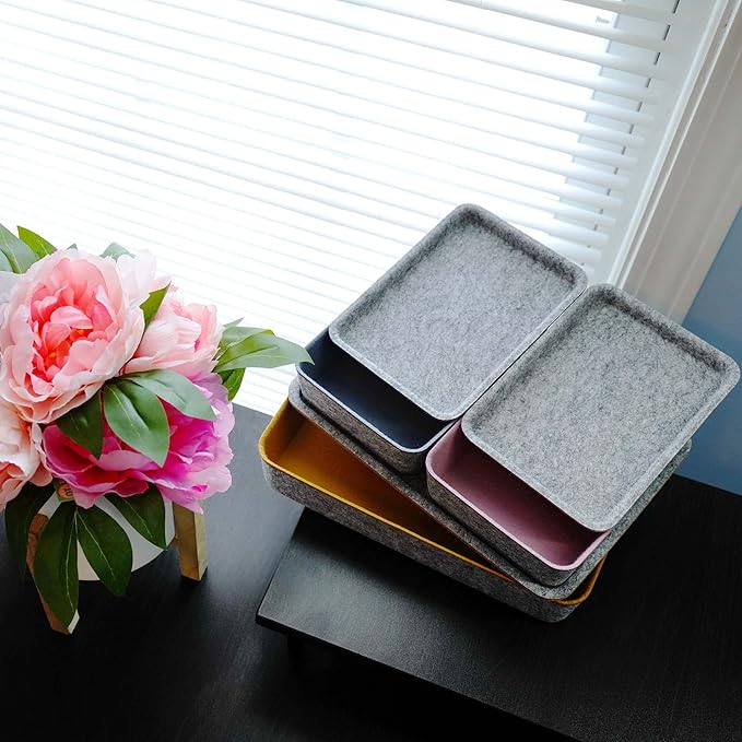 Welaxy Lidded Felt Drawer Organizer Bin with lids Desktop Stackable Organizer Storage box for crafts office supplies pen notes Junk Makeup Stationery Organize 3-Pack ( Curry+Dusty rose +Glacier gray)