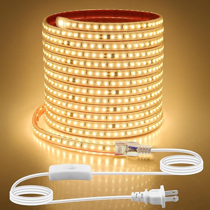 Aclorol Outdoor LED Strip Lights Waterproof 20FT Warm White 120V LED Light Strip with 3.28FT ON/Off Switch Power Cable SMD 2835 Ultra Bright for Bedroom Closet Hallway Roof Patio Pergola 8mm Width