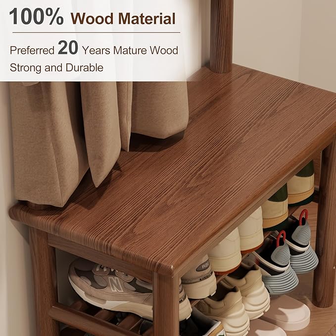 AQIMUELE Coat Rack with Shoe Storage, Narrow Wooden Hall Tree with Bench, 11 Hooks and 2-Tier Storage Shelves, 3-in-1, Entryway Bench with Coat Rack (23.6"-Walnut)