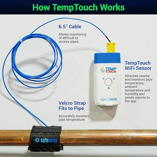 TempTouch WiFi Clamp Temperature and Humidity Sensor, Smart Thermometer for Plumbing and HVAC, App-Controlled Wireless with Velcro Strap