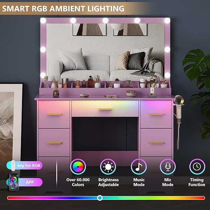 44" Vanity Desk with Mirror and Lights, Glass Top Makeup Vanity with RGB Ambient Lights & 7 Drawers, Large Dressing Table with Power Outlet for Bedroom, Purple