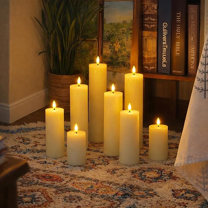 Flameless Real Wax Pillar LED Candles with Remote Control, Battery Operated Cycle Timer Ivory Pack of 4 Flickering 3D-Wick Warm Light for Indoor Home Decor (2.2" x 4" 6" 8" 10")
