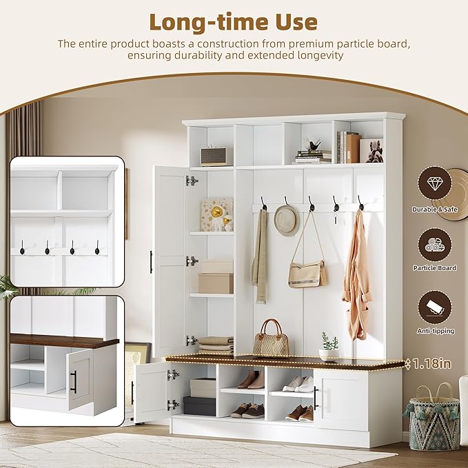 Versatile 3-in-1 Hall Tree with 6 Hooks, Farmhouse Walnut Storage Bench with Adjustable Shelves, 55" W Entryway Coat Rack with Multiple Storage Space for Mudroom, Living Room (White-7)