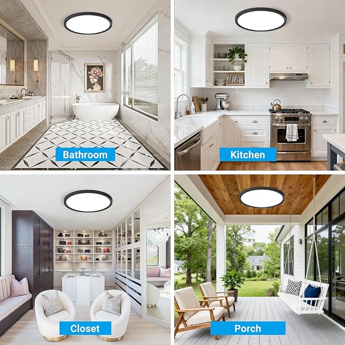 LED Flush Mount Ceiling Light,15Inch 30W,3000K/3500K/4000K/5000K/6500K 5 Color Temperatures Ceiling Light Fixture for Kitchen Porch Hallway Bedroom Bathroom and Closet,Black