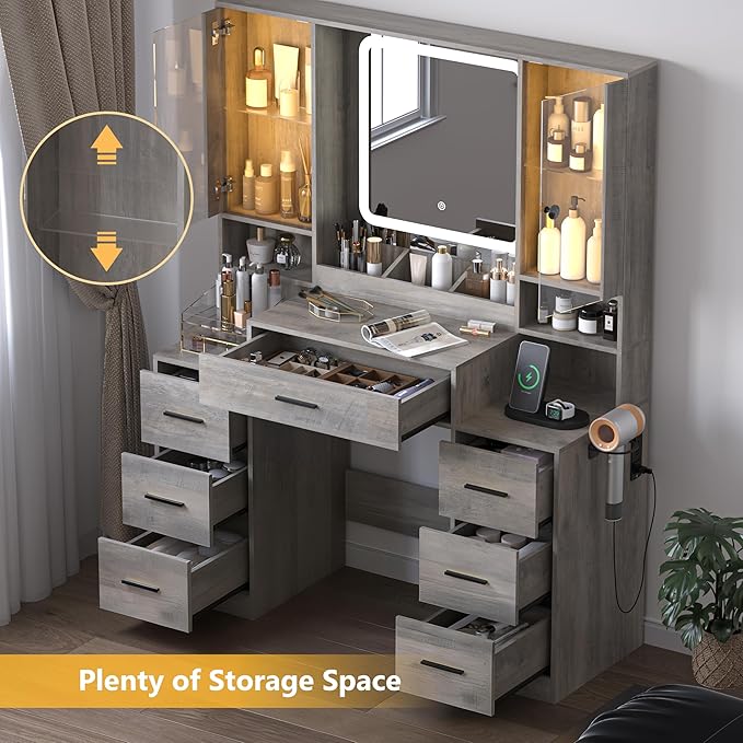 Grey Makeup Vanity Desk with Mirror & Lights, Modern Vanity Table with Charging Station, 7 Drawers, Glass Cabinet, Adjustable Shelves, Bedroom Dressing Table Set for Women & Girls