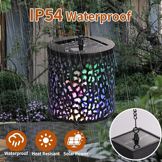 Hanging Solar Lights Outdoor Waterproof: RGB Hanging Lights with S Hooks Decor Iron Art Outdoor Solar Lantern in Garden, Pathway,Yard, Front Door and Landscape (1)