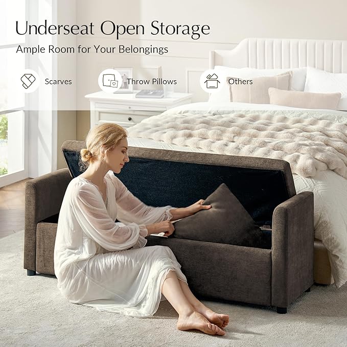 59.5" Modern Storage Ottoman Bedroom Bench, End of Bed Bench with Arms and Throw Pillows, Footrest Stool for Living Room, Dining Room, Entryway and Hallway, Taupe