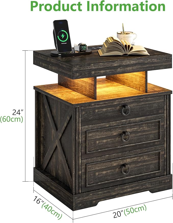 HNEBC Set of 2 Smart Farmhouse Nightstands with Gun Safe Drawers, 3-Color Auto LED Lights, Built-in Charging Station & Hidden Compartment, Bedroom Bedside Tables Rustic Brown