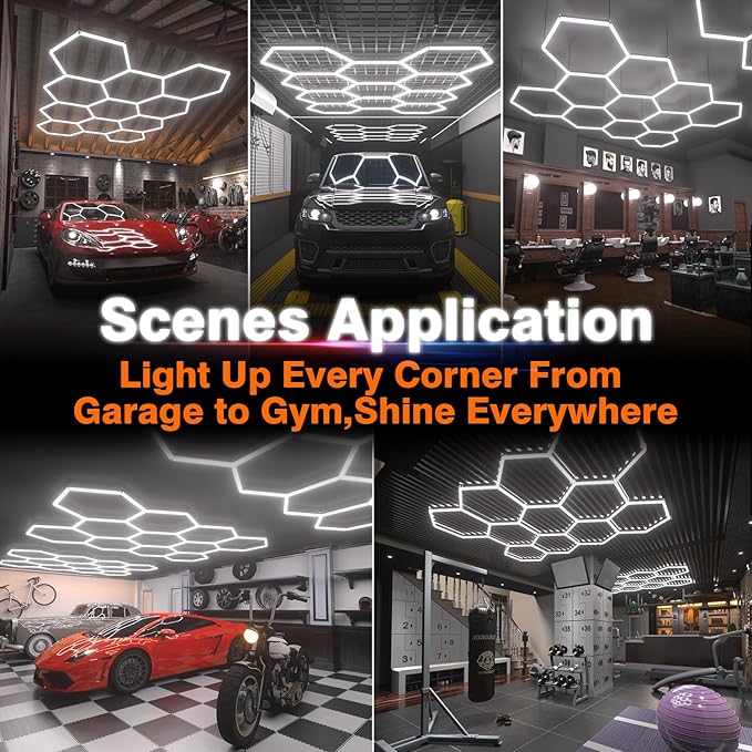 Hexagon Garage Lights : 3 Level Dimmable 322W Tube 11 Grids Hexagon LED Lights - Easy Install 6500K Super Bright Hex Lights for Garage, Home Gym, Shop, Workshop, Basement, Studio