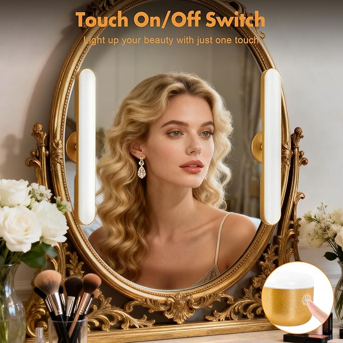 Set of 2 Wireless Vanity Makeup Lights for Mirror, Rechargeable LED Stick On Light Bar for Bathroom Mirror with Dimmable 3 CCT, Long Battery Life Cordless Light for Vanity Desk(Gold)