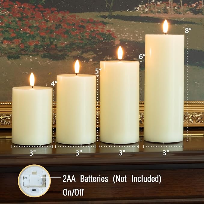 Flickering Flameless Candles, Real Wax Battery Operated Candles with Remote, Flat Top Led Flameless Pillar Candles for Home, Wedding, Party Decor, Set of 4, Φ 3" H 4" 5" 6" 8", Ivory