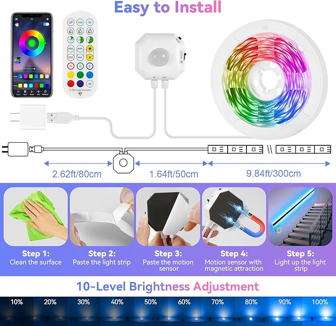 HOUHUI Motion Sensor LED Light Strip, 2x9.8Ft RGB LED Strip Lights Motion Activated Under Bed Lights, App Control Music Sync Strip Lights with Remote, USB Under Cabinet Lights for Kitchen Closet Stair