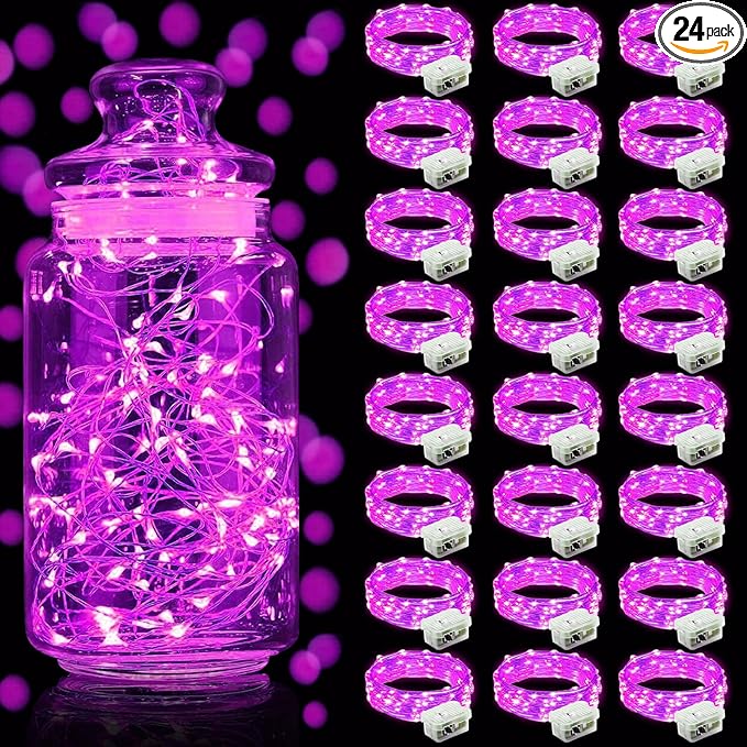 Aogist 24 Pack Fairy Lights 3 Modes 7ft 20 LED Waterproof,Battery Operated Silver Wire Firefly Starry Moon Mini String Lights for Mason Jars Christmas DIY Crafts Wedding Party Bedroom,Pink