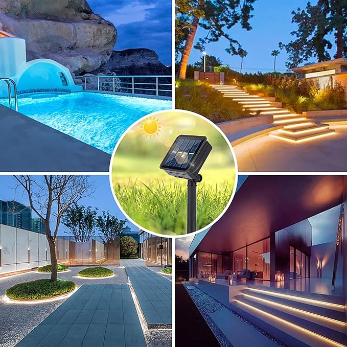 19.8 FT Solar LED Strip Lights Outdoor Waterproof Rope Light 3000K Cuttable & 8 Modes Solar Powered Tape Lighting for Step, Sign, Driveway