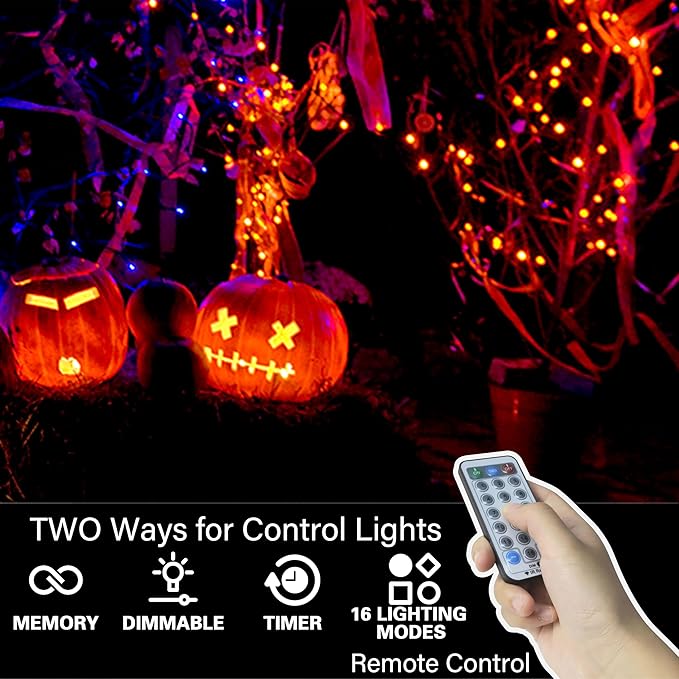 LAMPHOME 66ft Halloween Decorative Mini Lights, 200 LED Transparent Wire Fairy Starry String Lights Plug in, 16 Lighting Modes, for Halloween Decoration Outdoor Party Decoration (Orange and Purple)