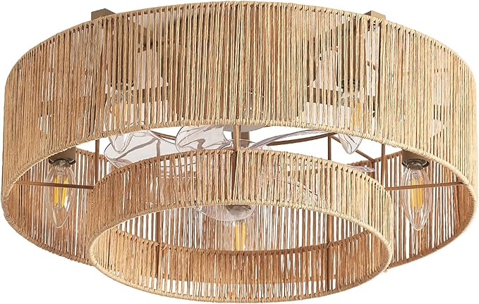 20 Inch Boho Caged Ceiling Fans with Lights Flush Mount, Layered Rattan Ceiling Fan with Light Remote Control with Reversible 6 Speeds for Bedroom, Nursery, Living Room, E12 Base, Indoor