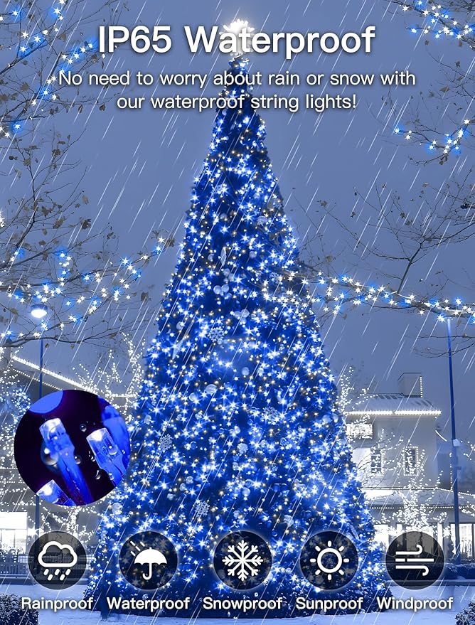 String Lights Indoor Bedroom, 33FT 100 LED Fairy String Lights Outdoor Waterproof, 8 Modes Memory Twinkle Christmas Light Plug in for Classroom Dorm Patio Tree Garden Decor (Cool White+Blue)