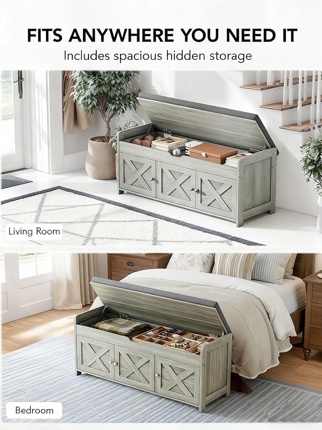 Amada Farmhouse Shoe Storage Bench with Cushion, 3 Doors & Lift-Top Storage, Adjustable Shelves, 300 lbs Capacity Entryway Bench for Bedroom, Living Room, Wash Grey