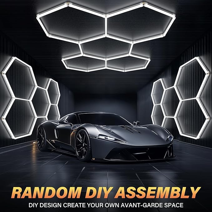 ALLYES Hexagon LED Garage Lights, 24000LM 5000K 200W Honeycomb LED Ceiling, Upgraded Wider Size Light Tube, Hex Shop Lights for Car Detailing Shop Office Gym Barber