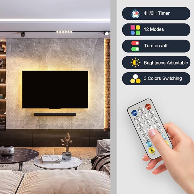 Under Cabinet Lights Wireless Battery Powered, Led Strip Lights with Remote, 20 inch Shelf Closet Lights Dimmable, 3 Color &12 Modes Cabinet Lighting for Shelves Drawer Wardrobe Hallway