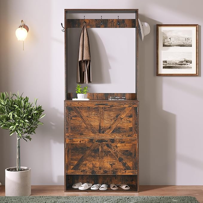 Betoko Hall Tree with Shoes Storage,Farmhouse Corner Coat Rack with 5 Coat Hooks, Wooden Entryway Tree Cabinet with 2 Shoes Cabinets for Hallway Mudroom, Brown