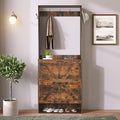 Betoko Hall Tree with Shoes Storage,Farmhouse Corner Coat Rack with 5 Coat Hooks, Wooden Entryway Tree Cabinet with 2 Shoes Cabinets for Hallway Mudroom, Brown