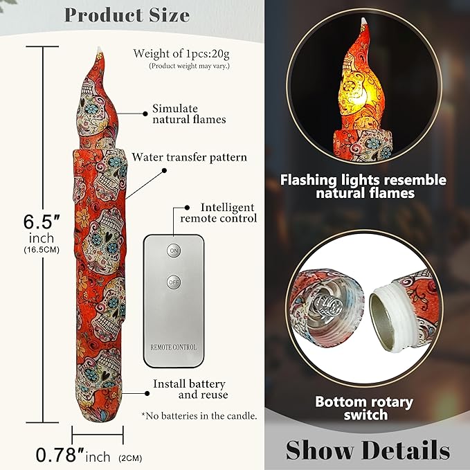 Day of The Dead Style Skull Flameless Short Taper Candles, Drip LED Battery Operated with Remote, Flickering Flame Lights for Home Décor, 6.7 Inch Primitive Flameless Print Candles, 4PCS