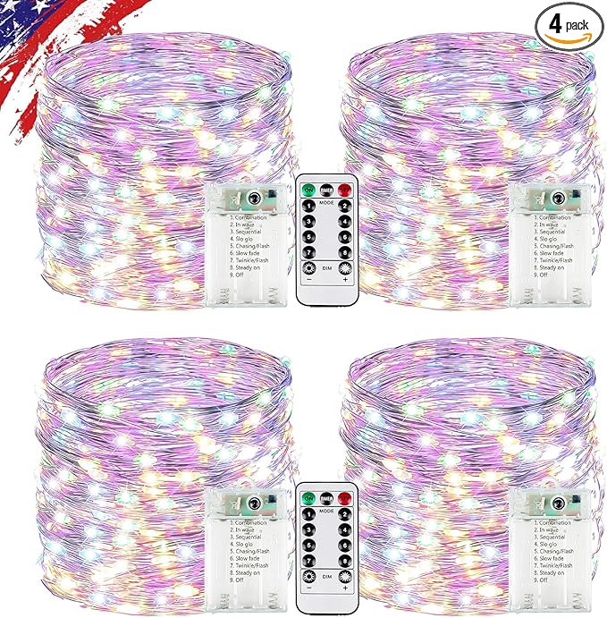 4 Pack Multicolor Fairy Lights Battery Operated with Remote, Waterproof 20FT 60LED Cuttable Twinkle Lights with Timer Indoor Outdoor, String Light for Bedroom, Classroom, Wedding, DIY, Christmas Décor