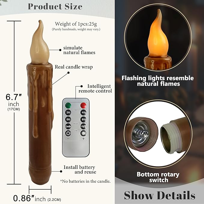 Brown Flameless Short Taper Candles, Real Wax Hand Dipped LED Battery Operated with Remote, Flickering Flame Lights for Festival Party Home Décor, 6.7 Inch Primitive Flameless Candles, 4PCS