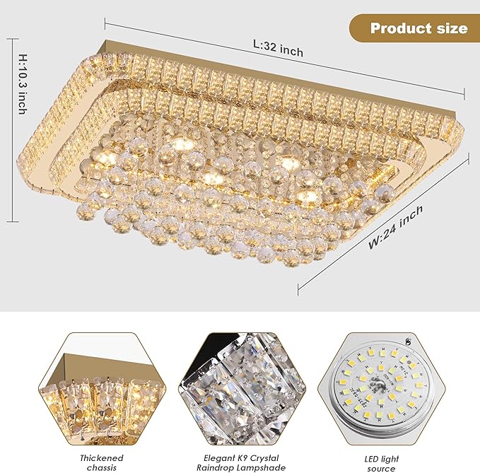 32 inch Crystal Flush Mount Chandelier, Modern Raindrop Crystal Gold Chandeliers with Remote and APP, 3 Colors Temp & Brightness Adjustable, Ceiling Light for Bedroom Hallway DiningRoom Living Room