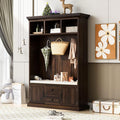 RUNNA Wooden 3-in-1 Hall Tree with 2 Cabinet and 2 Drawers,3 Open Shelves and 3 Hooks,Coat Hanger and Storage Bench,for Livingroom Hallway Entryway Use (Tiger@Hanger)