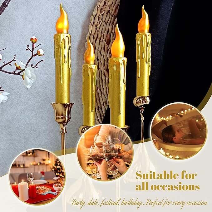 Golden Flameless Short Taper Candles, Drip LED Battery Operated with Remote, Flickering Flame Lights for Festival Party Home Décor, 6.7 Inch Primitive Flameless Candles, 2PCS