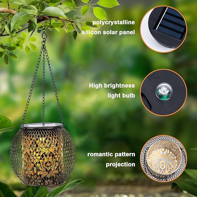 Solar Lanterns Outdoor Waterproof, 2 Pack Hanging Solar Lights Outside Garden Decor, Gifts for Women Mom Grandma Metal Decorative Lantern for Patio Yard Porch Balcony Backyard Lawn